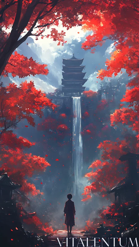 Solitary figure studies distant pagoda framed by crimson forest