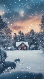 Snowfall crowns a lone winter cottage with quiet warmth