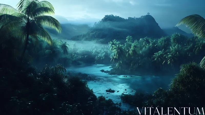 Mist-Veiled Tropical Valley with Luminous Aquatic Core