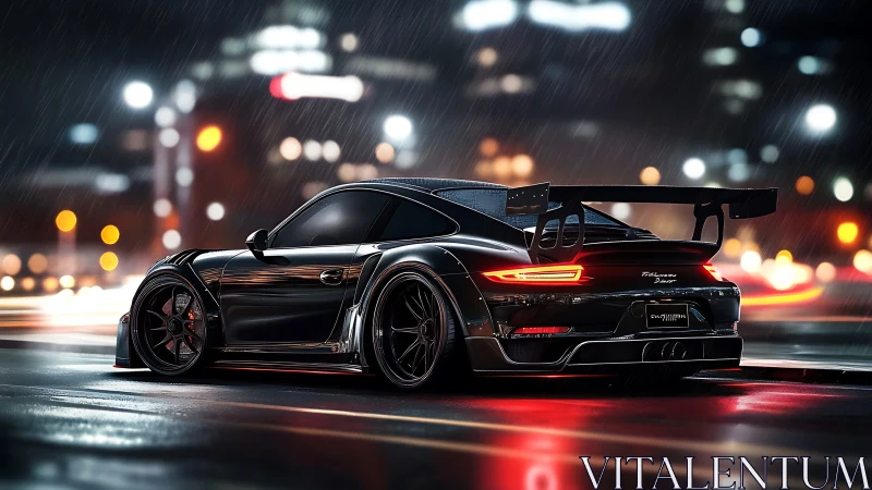 Midnight sports car glows with sleek power on rainy streets