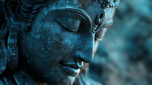 Serene close-up of blue-toned meditative deity sculpture.