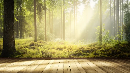Sunlit forest clearing with towering trees and golden morning rays.
