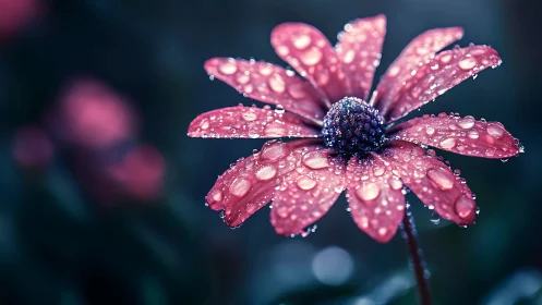 Pink daisy glistens with raindrops in moody twilight setting.