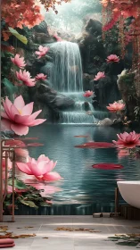 Lotus petals drift as the waterfall turns a bath into myth