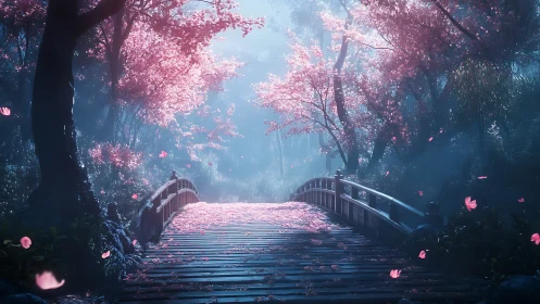 Luminous cherry blossom bridge under volumetric forest light.