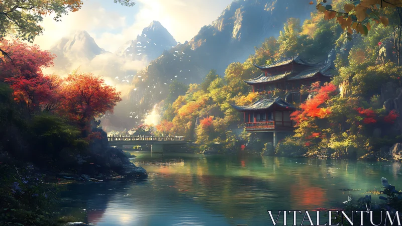 Autumn pagoda dreaming above jade water and misty peaks.