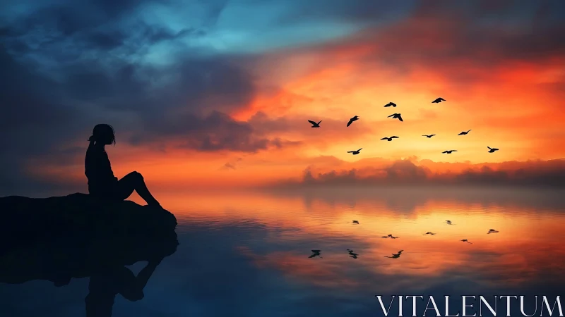 Silhouetted figure on coastal rock at vivid orange dusk sky