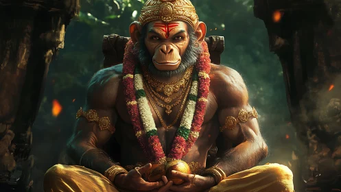 Majestic simian deity in jeweled regalia, forest throne scene.
