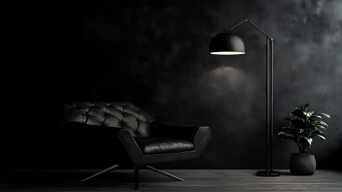 Moody black lounge corner with leather chair and lamp.