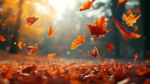Autumn maple leaves suspended in shallow depth, motion-blurred air