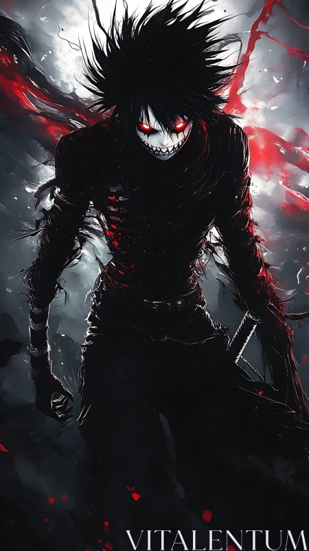 Demonic swordsman emerges from swirling blood and shadowed mist