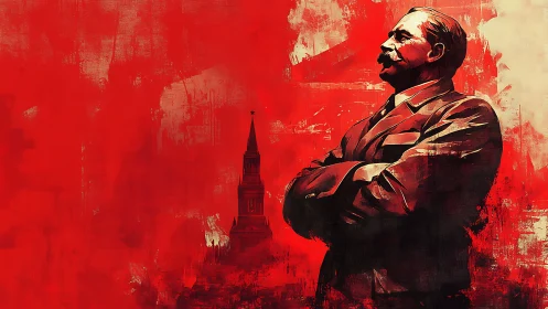 Red-toned political figure illustration with tower silhouette.