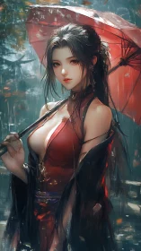 Digital portrait of woman in red dress holding parasol in rain