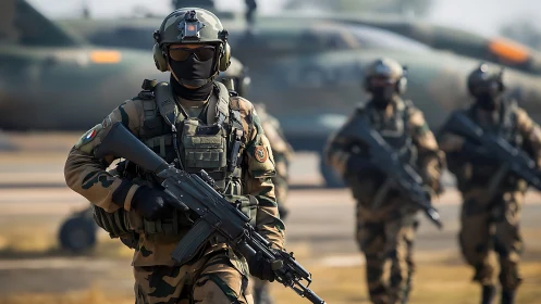 Calmly advancing soldiers move with focus across the airfield
