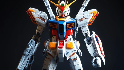 Bold anime mecha hero stands ready in bright battle armor