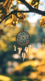 Sunlit dreamcatcher sways gently in a warm autumn garden