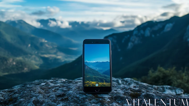Smartphone framing mountain valley landscape on rocky ledge.