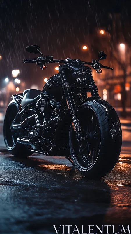 Black custom motorcycle on wet city street at night.