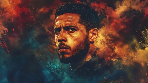 Brooding portrait glows against swirling fire and storm