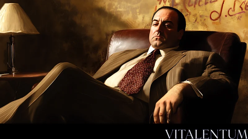 Serious suited man reclining in leather chair at dusk.