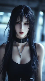 Gothic anime woman stands in cool blue urban light