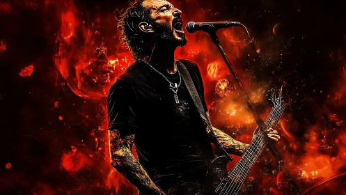 Volcanic stage howler shredding riffs in a storm of fire.