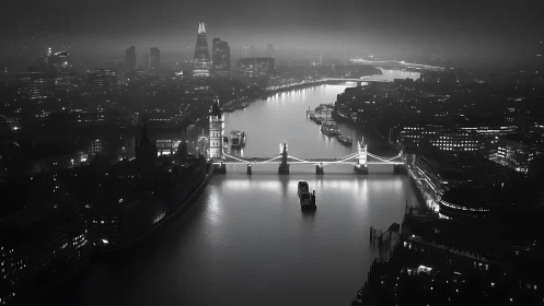 Fog-kissed London river lights cradle a dreaming bridge.