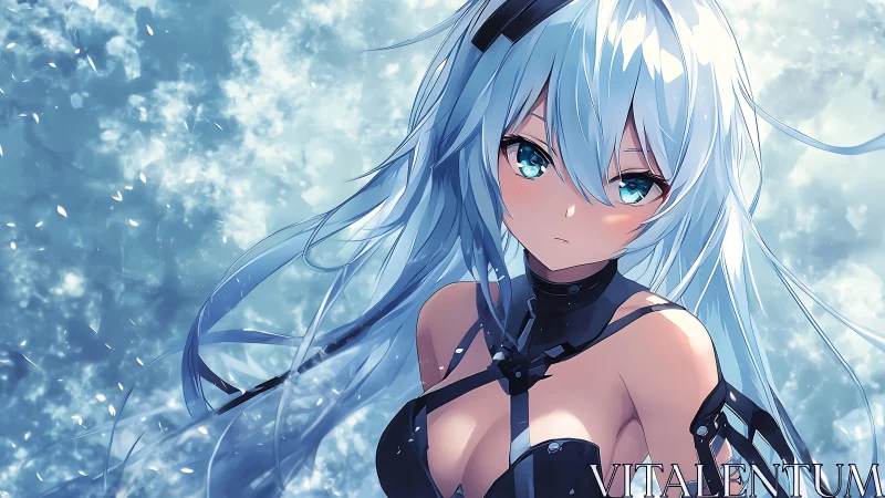 Cryogenic-toned cybernetic anime heroine in icy airflow.