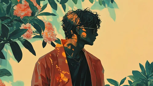 Silhouetted man in stylized garden scene with warm lighting