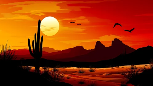 Desert sunset panorama with saguaro silhouettes and birds in flight.