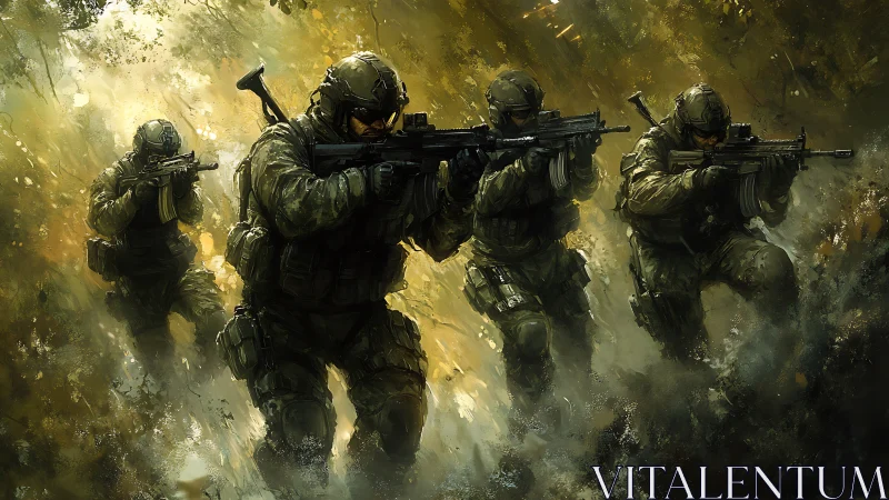 Four tactical infantry operators advance in dense smoke and foliage