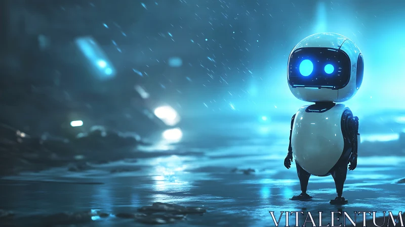 Small blue eyed robot stands in rainy neon city street.