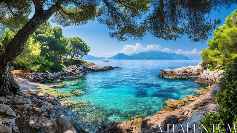 Mediterranean Coastal Cove with Crystal Waters and Mountain Vista