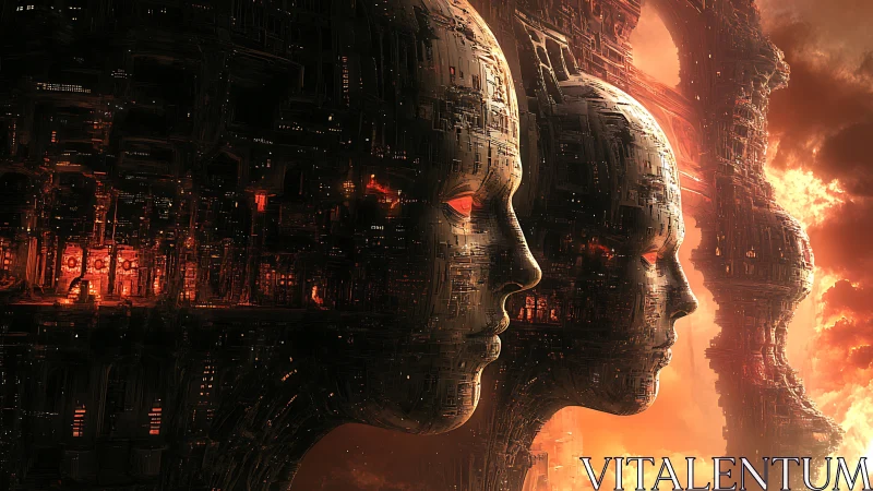 Triptych of mechanoid citadel faces in molten dusk horizon.