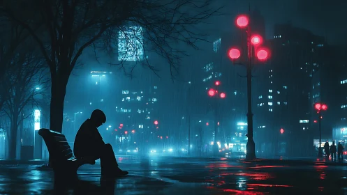 Lonely figure sits on bench under neon city rain