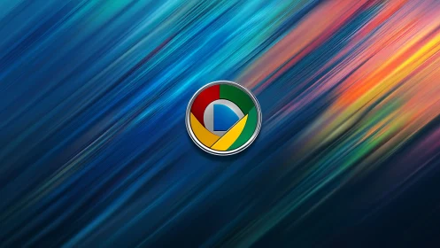 Circular multicolor emblem is centered on linear blue gradient