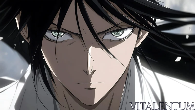 Intense close-up of determined anime swordsman with windblown hair
