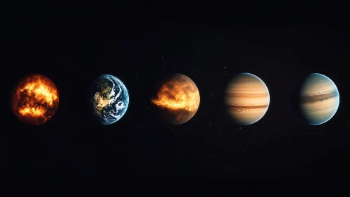 Digital lineup of fiery terrestrial and gas planets in space.