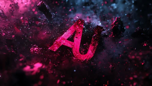 Neon particle explosion around shattered AU typography construct.