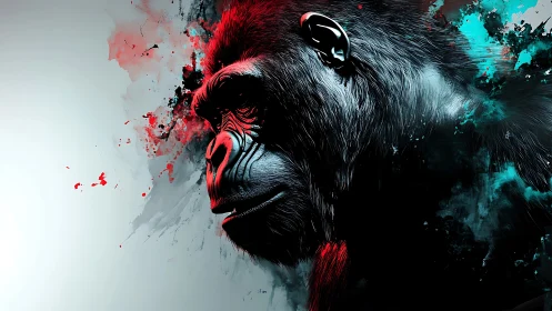 Gorilla portrait in abstract red and teal digital paint.