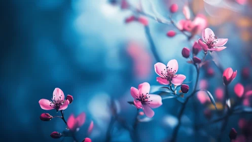 Pink Cherry Blossoms Blooming Against Dreamy Teal Canvas.