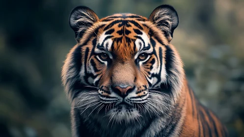 Tiger portrait captures intense gaze in soft forest light.