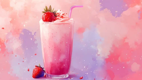 Strawberry milkshake stands against dreamy pastel clouds.