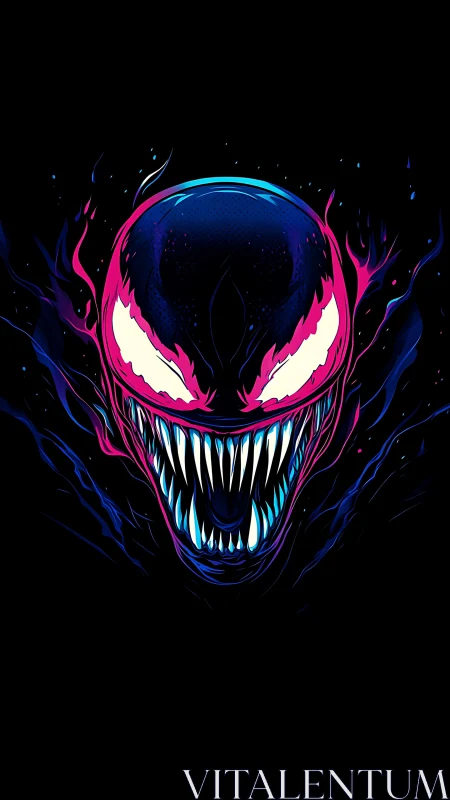 Neon fanged creature head with glowing stylized grin.