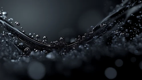 Orbital ink droplets surfing a midnight metallic wave.