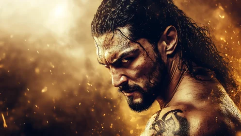 Warrior glares through swirling embers in molten gold haze