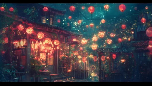 Lantern-lit courtyard street under cinematic midnight sky.