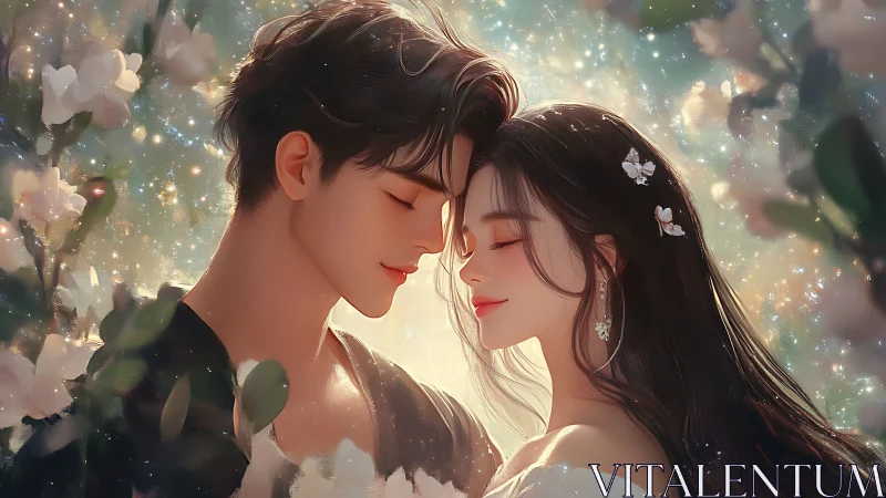 Two souls converge in luminous reverie amid celestial blossoms.
