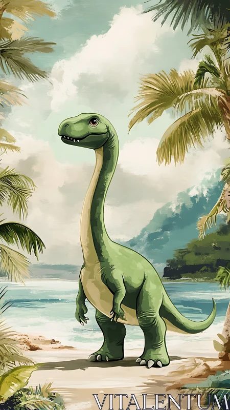 Smiling cartoon dinosaur explores a sunny tropical beach.
