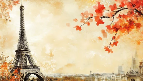 Eiffel Tower rises over Paris beneath vivid autumn leaves